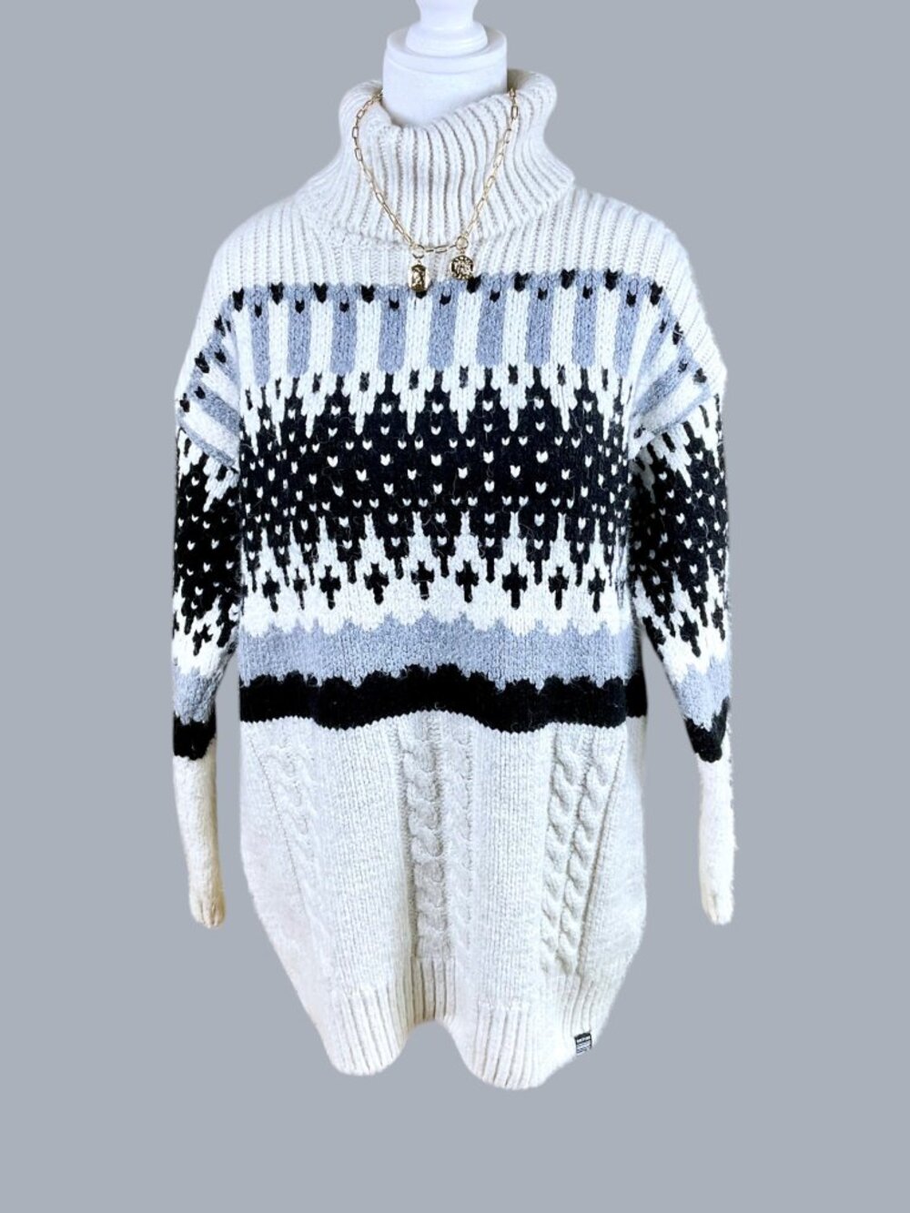 Superdry Sweater Turtleneck Chunky Knit Fair Isle Ivory Black Gray (8)
